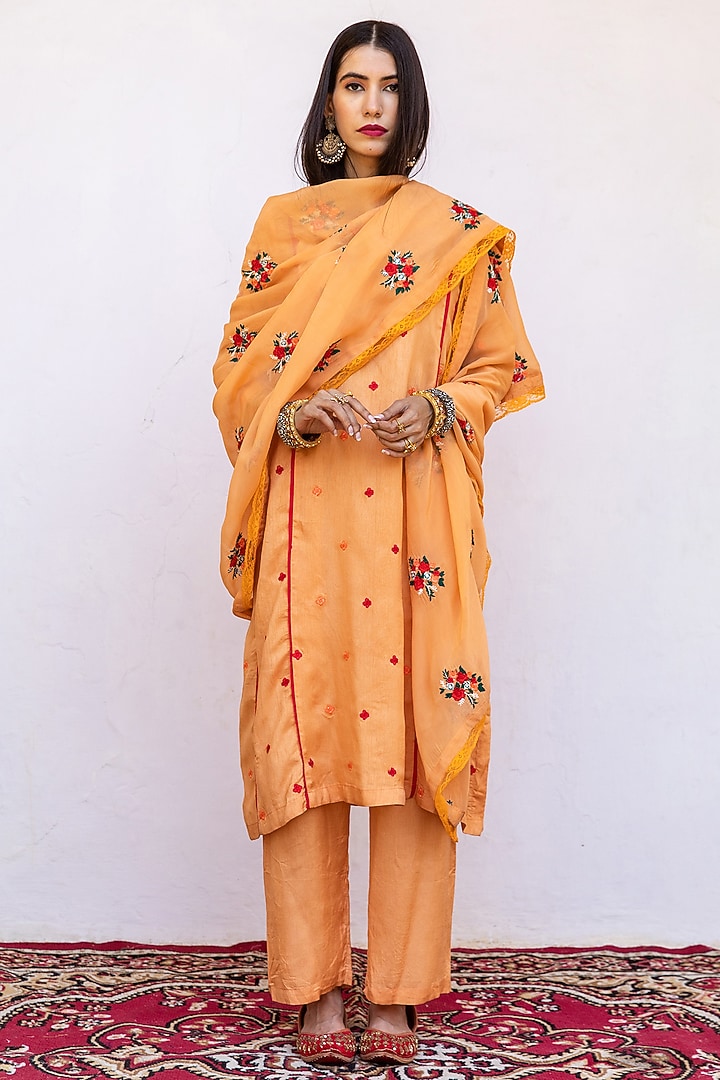 Orange Raw Silk Straight Kurta Set by GulaboJaipur by Saloni Panwar at Pernia's Pop Up Shop