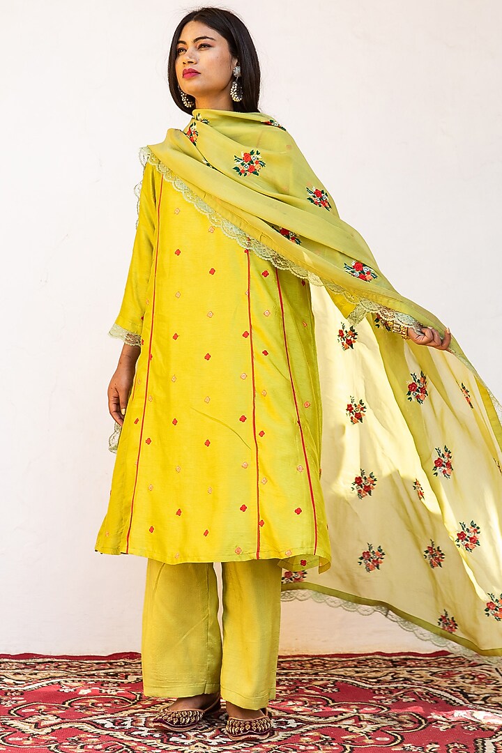 Lime Green Raw Silk Straight Kurta Set by GulaboJaipur by Saloni Panwar at Pernia's Pop Up Shop
