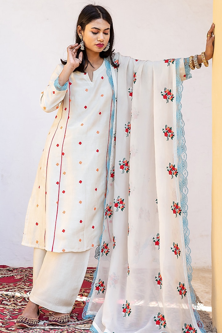 White Raw Silk Straight Kurta Set by GulaboJaipur by Saloni Panwar at Pernia's Pop Up Shop