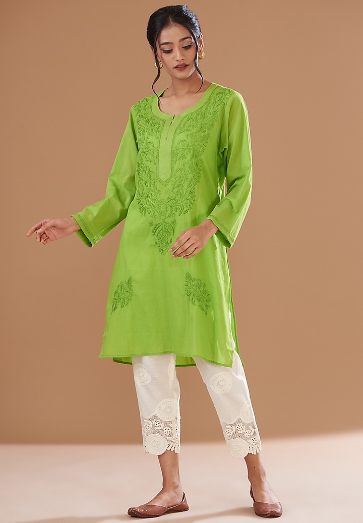 Parrot Green Soft Mulmul Lucknowi Kurta Set by GENDAPHOOL at Pernia's Pop Up Shop