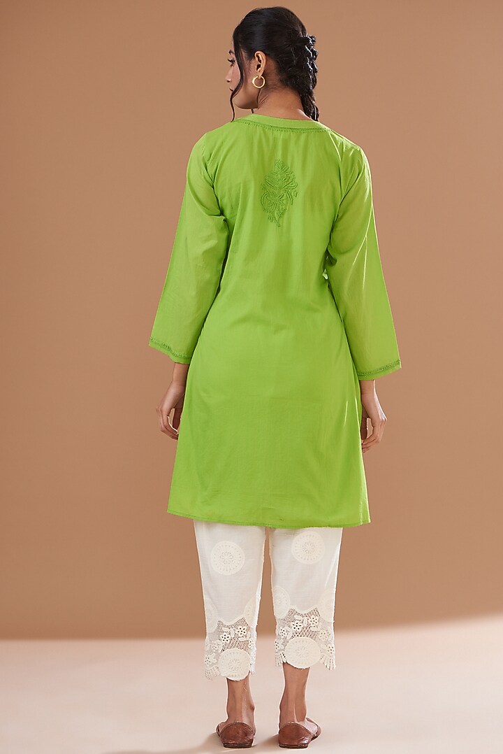 Parrot Green Soft Mulmul Lucknowi Kurta Set by GENDAPHOOL at Pernia's Pop Up Shop