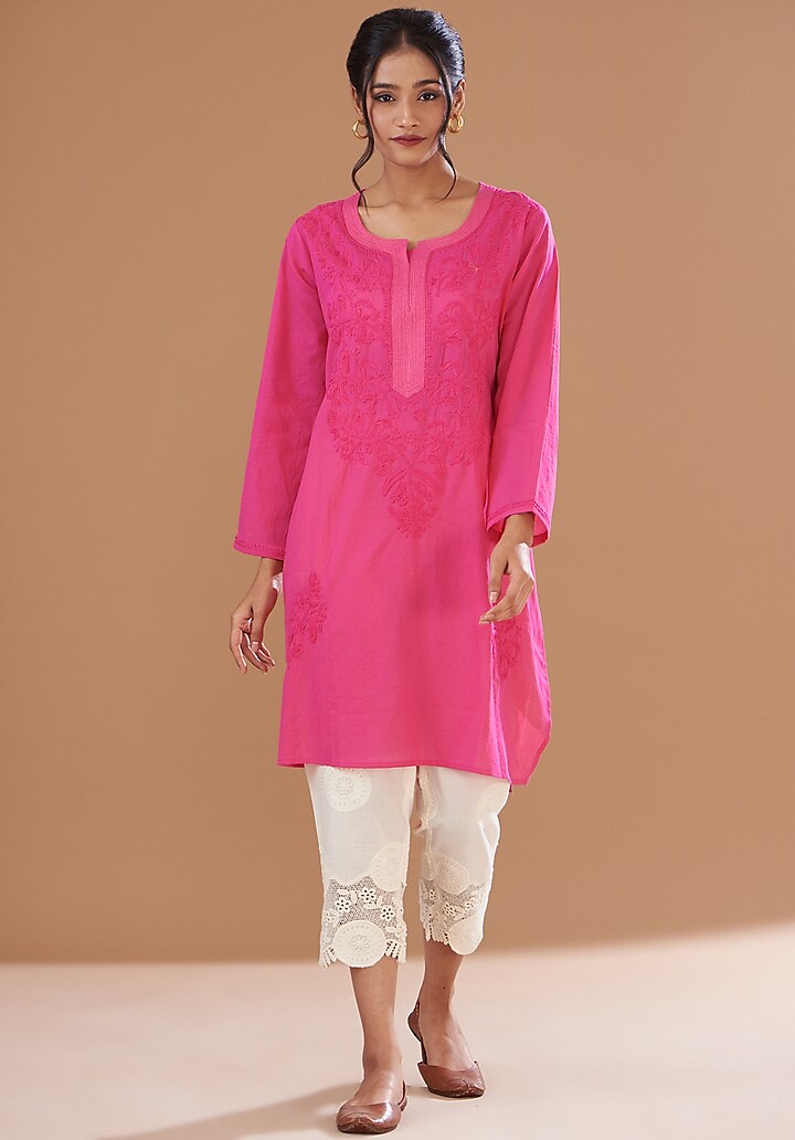 Light Pink Soft Mulmul Lucknowi Kurta Set by GENDAPHOOL