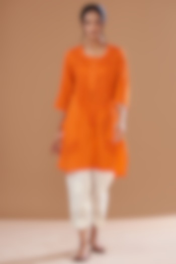 Lush Orange Soft Mulmul Lucknowi Kurta Set by GENDAPHOOL
