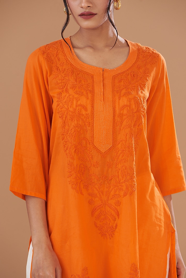 Lush Orange Soft Mulmul Lucknowi Kurta Set by GENDAPHOOL at Pernia's Pop Up Shop