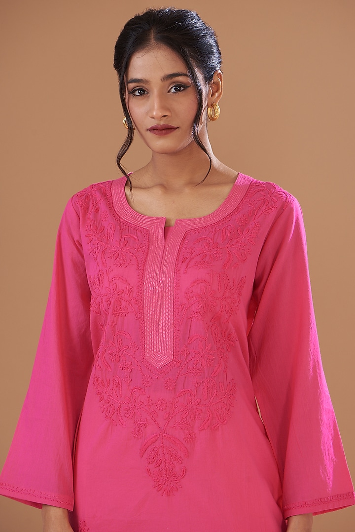 Pink Soft Mulmul Lucknowi Kurta Set by GENDAPHOOL at Pernia's Pop Up Shop