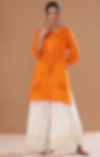 Orange Soft Mulmul Lucknowi Kurta Set by GENDAPHOOL