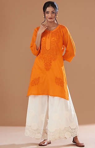 Orange Soft Mulmul Lucknowi Kurta Set by GENDAPHOOL