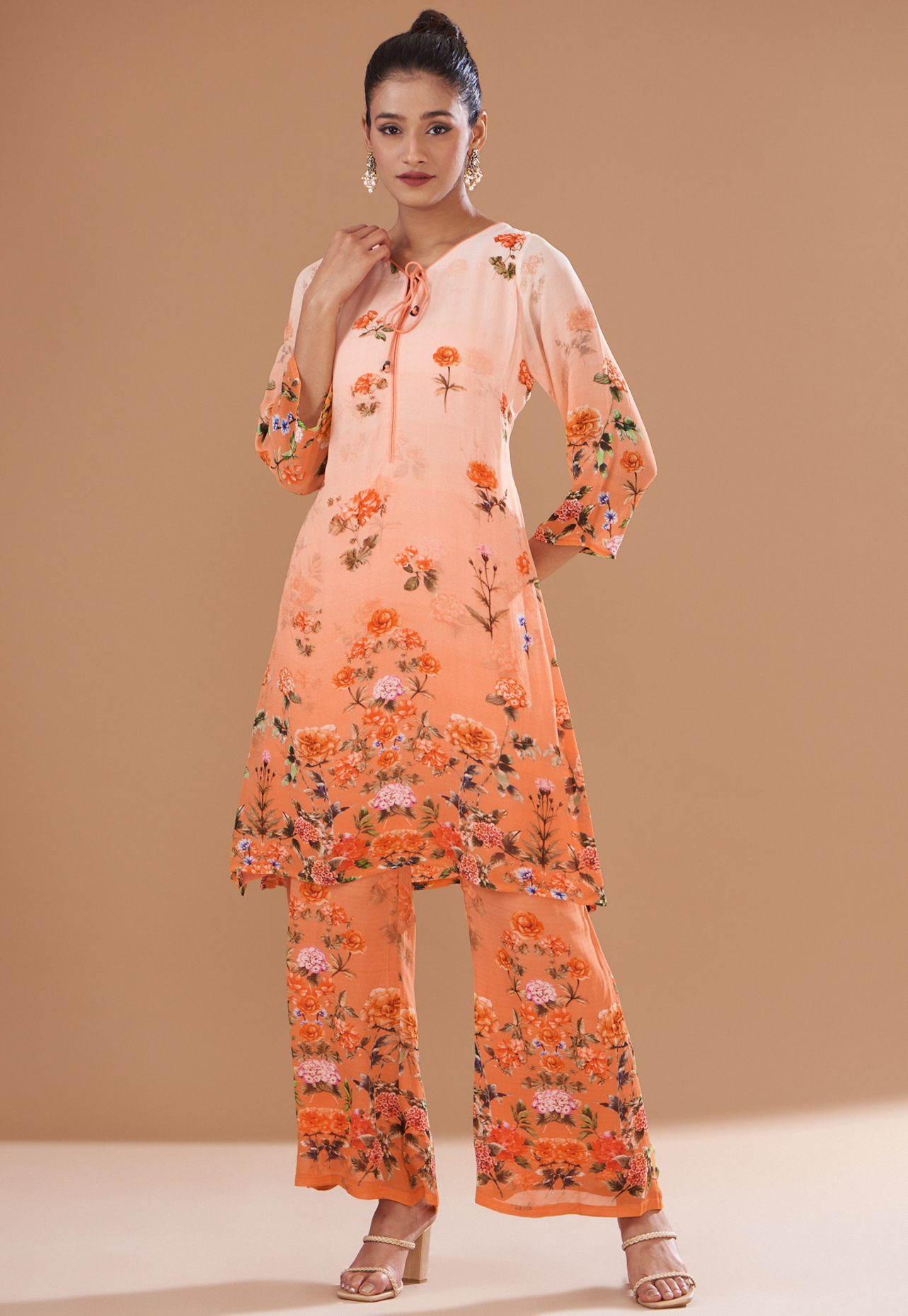 Ombre Peach Georgette Digital Printed Kurta Set by GENDAPHOOL at Pernia's Pop Up Shop