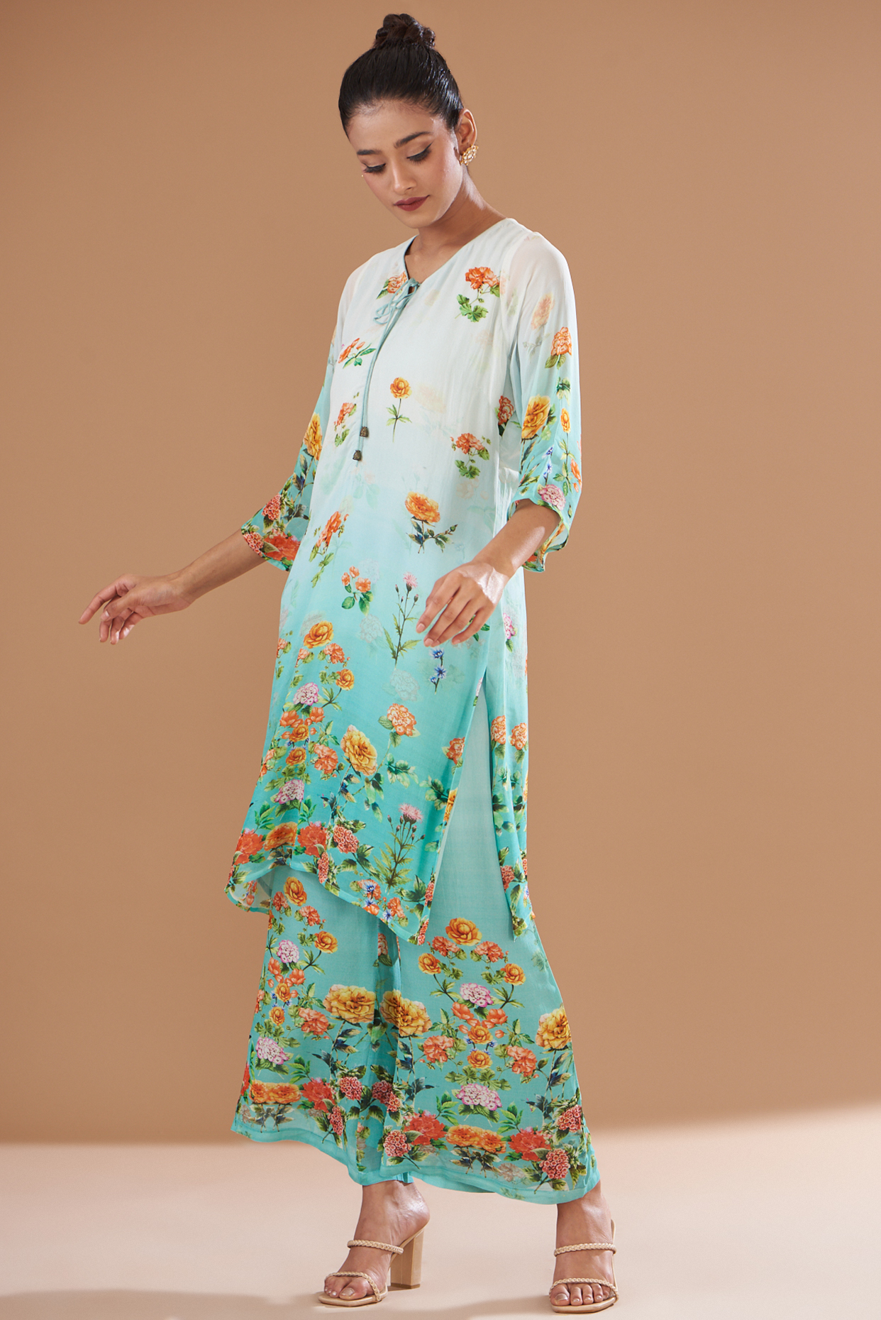 Sky Blue Georgette Digital Printed Kurta Set by GENDAPHOOL at Pernia's Pop Up Shop