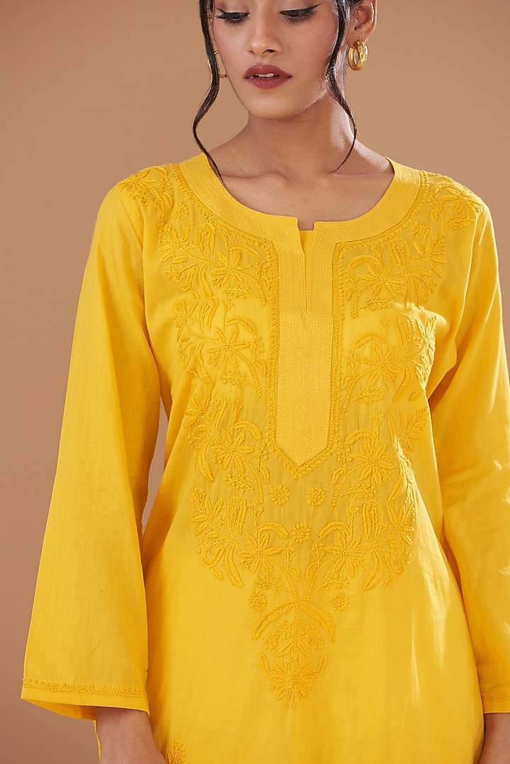 Light Yellow Soft Mulmul Lucknowi Kurta Set by GENDAPHOOL at Pernia's Pop Up Shop