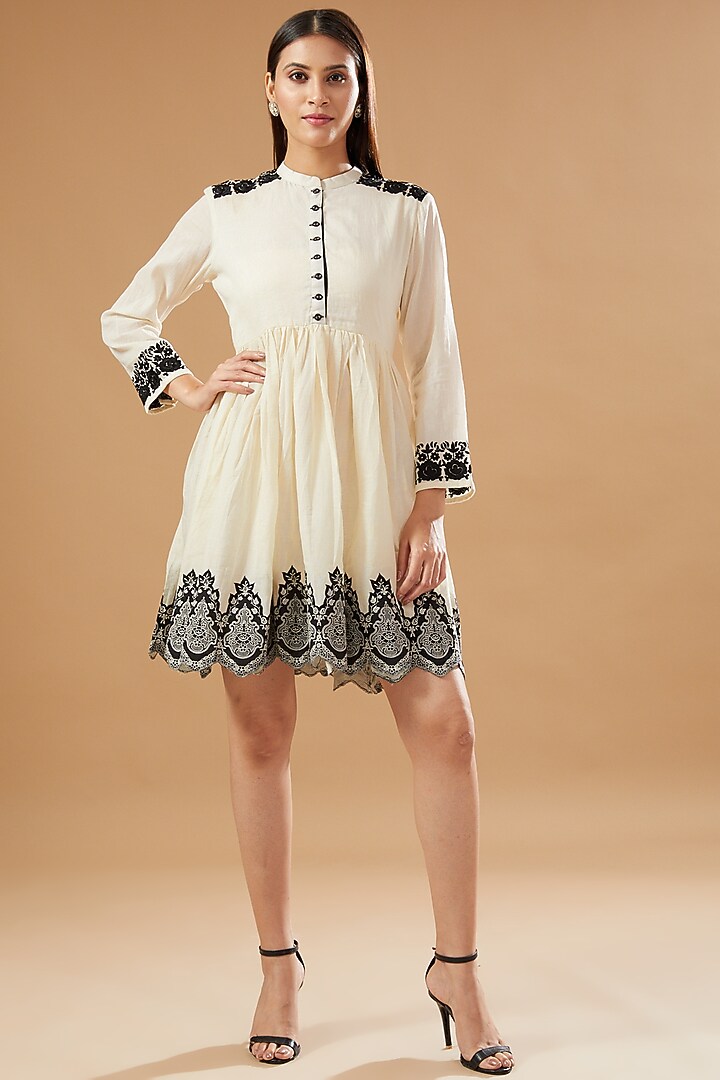 White Mulmul Embroidered Mini Summer Dress by GENDAPHOOL at Pernia's Pop Up Shop
