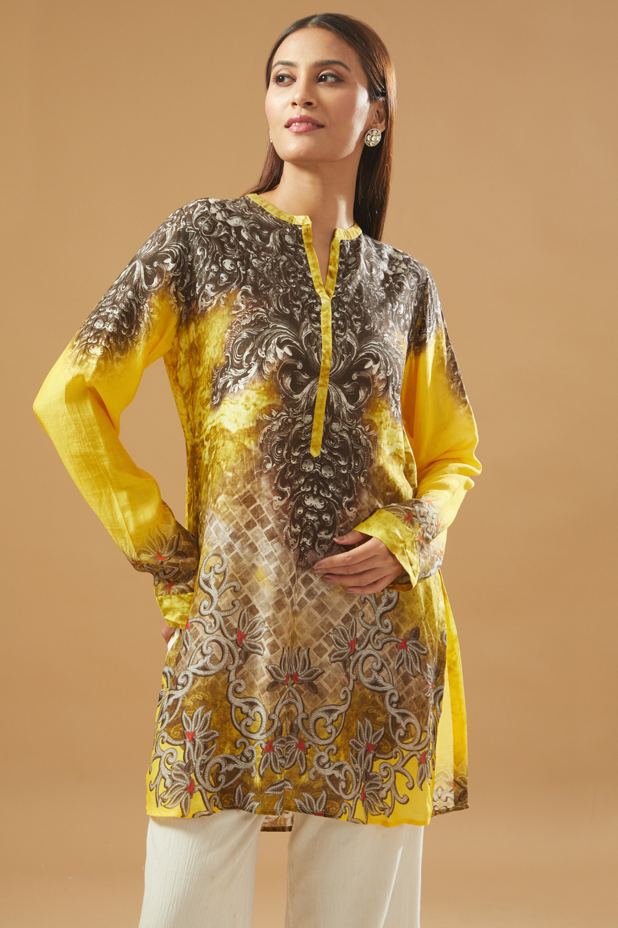 Yellow Modal Silk Printed Short Kurta by GENDAPHOOL at Pernia's Pop Up Shop