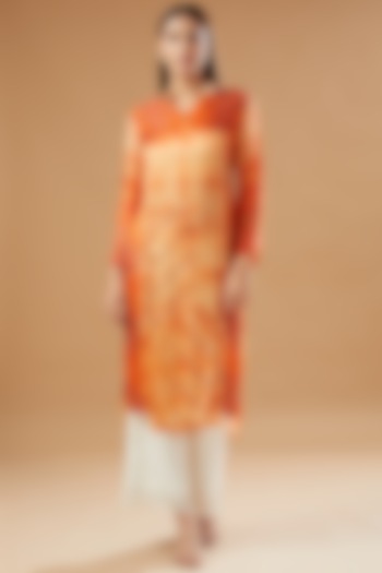 Orange Silk Printed Kurta by GENDAPHOOL at Pernia's Pop Up Shop