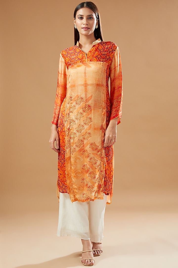 Orange Silk Printed Kurta by GENDAPHOOL at Pernia's Pop Up Shop