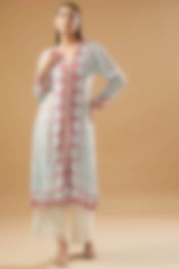 Pastel Blue Modal Silk Printed Kurta by GENDAPHOOL at Pernia's Pop Up Shop