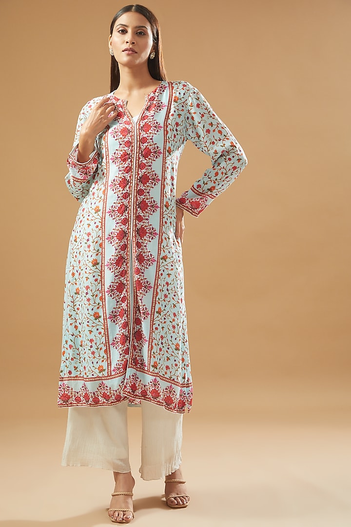 Pastel Blue Modal Silk Printed Kurta by GENDAPHOOL at Pernia's Pop Up Shop