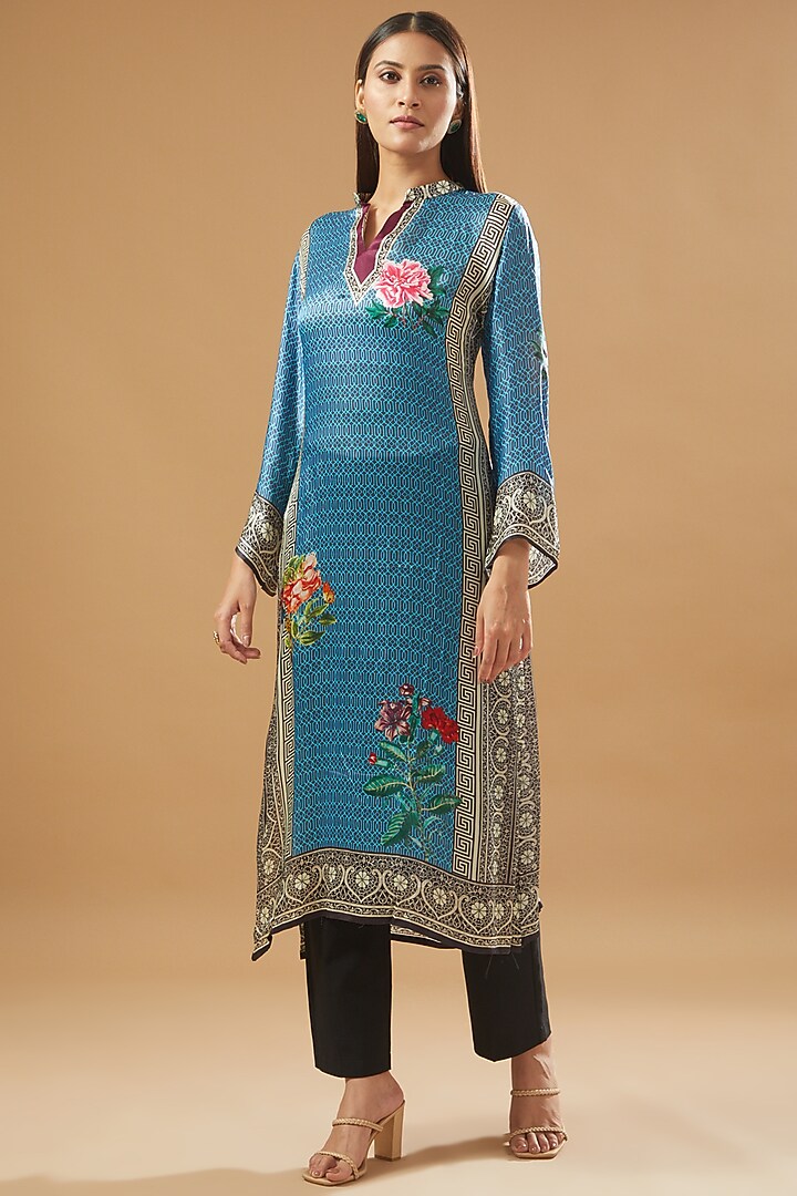 Blue Satin Silk Printed Tunic by GENDAPHOOL at Pernia's Pop Up Shop