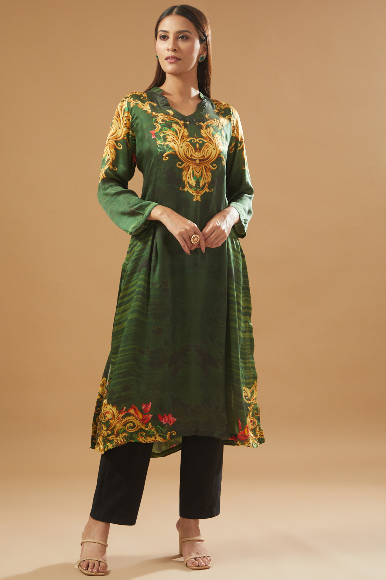Green Satin Printed Tunic by GENDAPHOOL at Pernia's Pop Up Shop