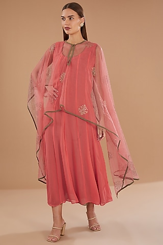 Peach Georgette & Net Swarovski Embellished Jacket Dress by GENDAPHOOL