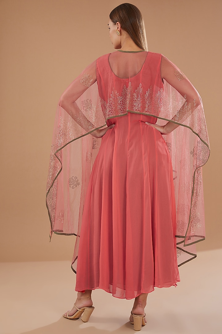Peach Georgette & Net Swarovski Embellished Jacket Summer Dress by GENDAPHOOL at Pernia's Pop Up Shop