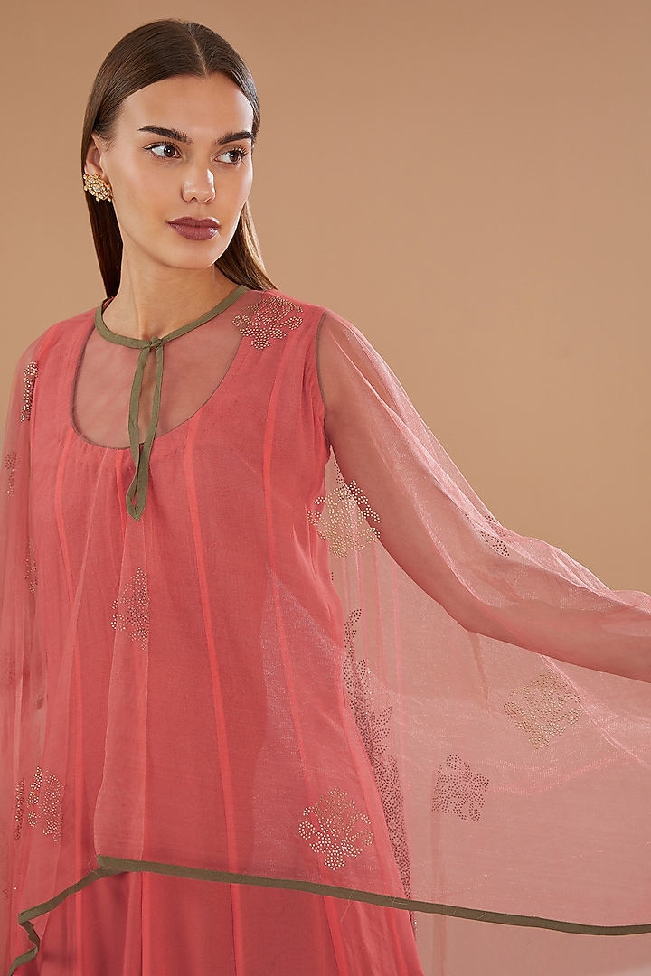 Peach Georgette & Net Swarovski Embellished Jacket Summer Dress by GENDAPHOOL at Pernia's Pop Up Shop