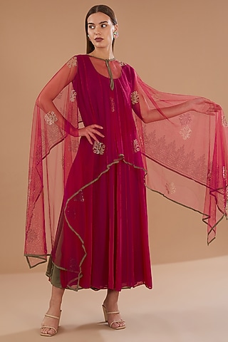 Red Georgette & Net Swarovski Embellished Jacket Dress by GENDAPHOOL