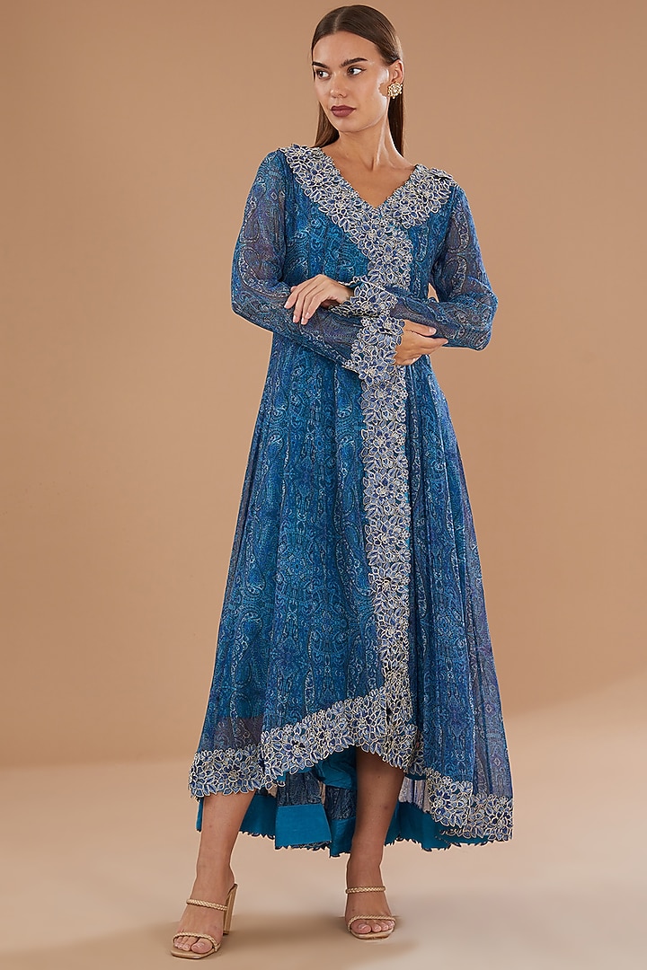Blue Georgette Printed & Lace Embroidered Flared Anarkali Dress by GENDAPHOOL at Pernia's Pop Up Shop 2026 Blue Georgette Printed & Lace Embroidered Flared Anarkali Dress by GENDAPHOOL at Pernia's Pop Up Shop 2026