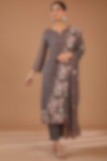 Ash Grey Organza Thread Work Kurta Set by GENDAPHOOL at Pernia's Pop Up Shop