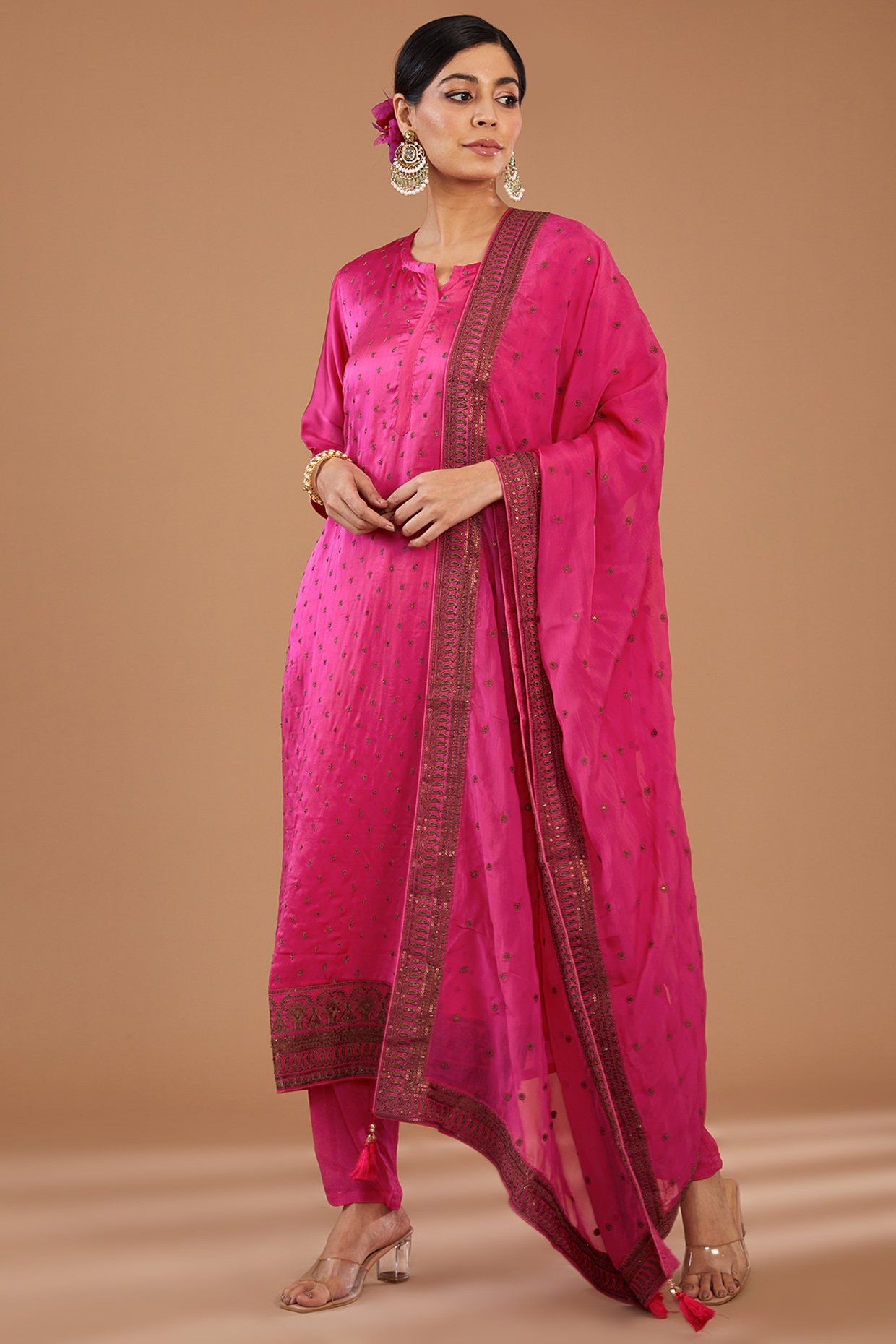 Pink Organza Resham Work Kurta Set by GENDAPHOOL at Pernia's Pop Up Shop