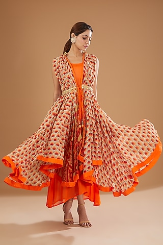 Orange Chiffon Asymmetrical Anarkali by GENDAPHOOL