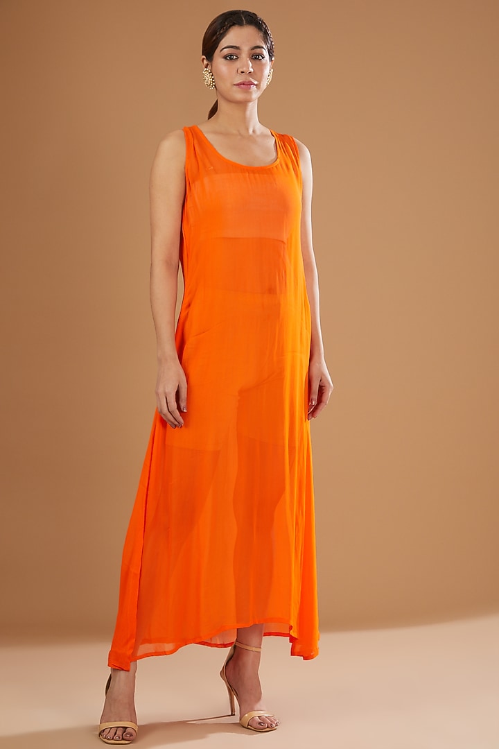 Orange Chiffon Asymmetrical Anarkali by GENDAPHOOL at Pernia's Pop Up Shop