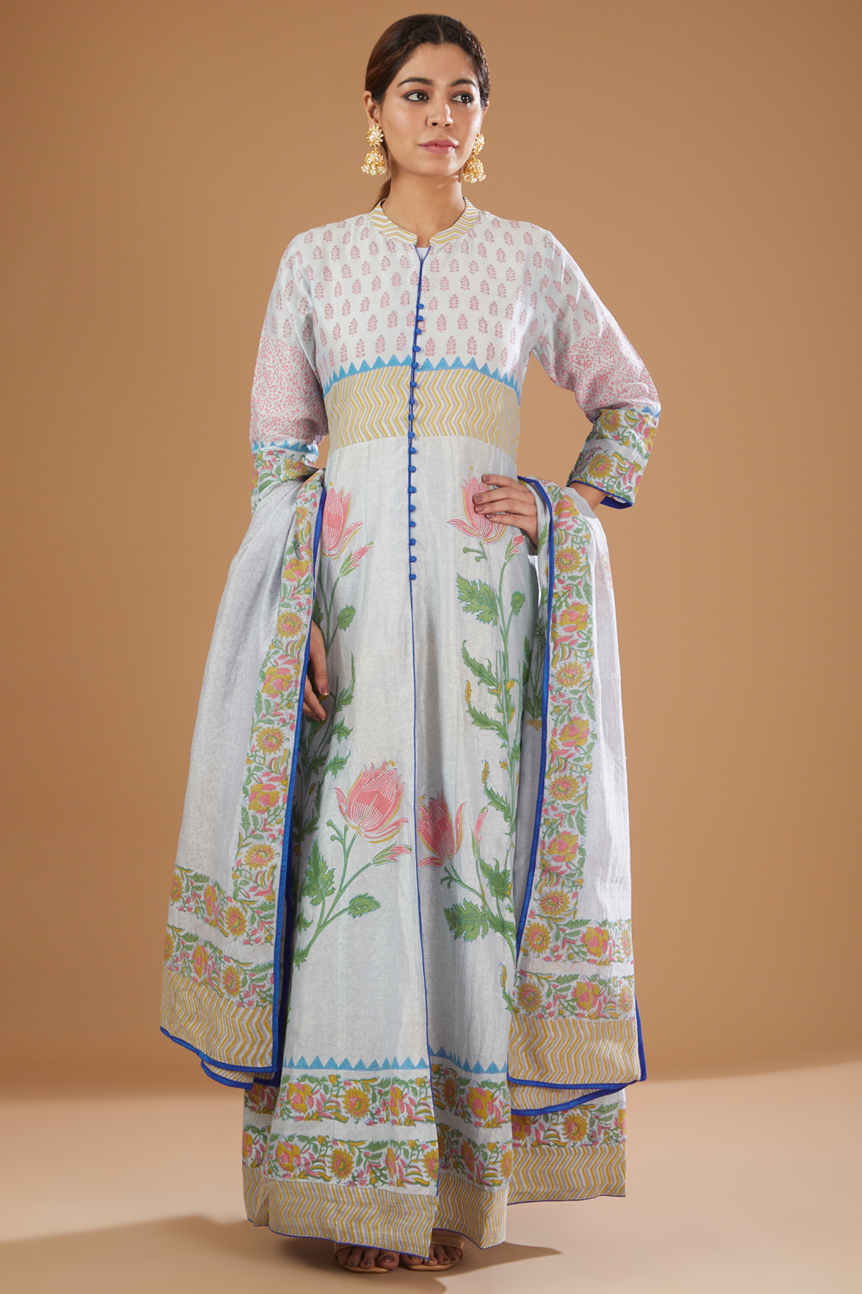 Sky Blue Block Printed Anarkali Set by GENDAPHOOL