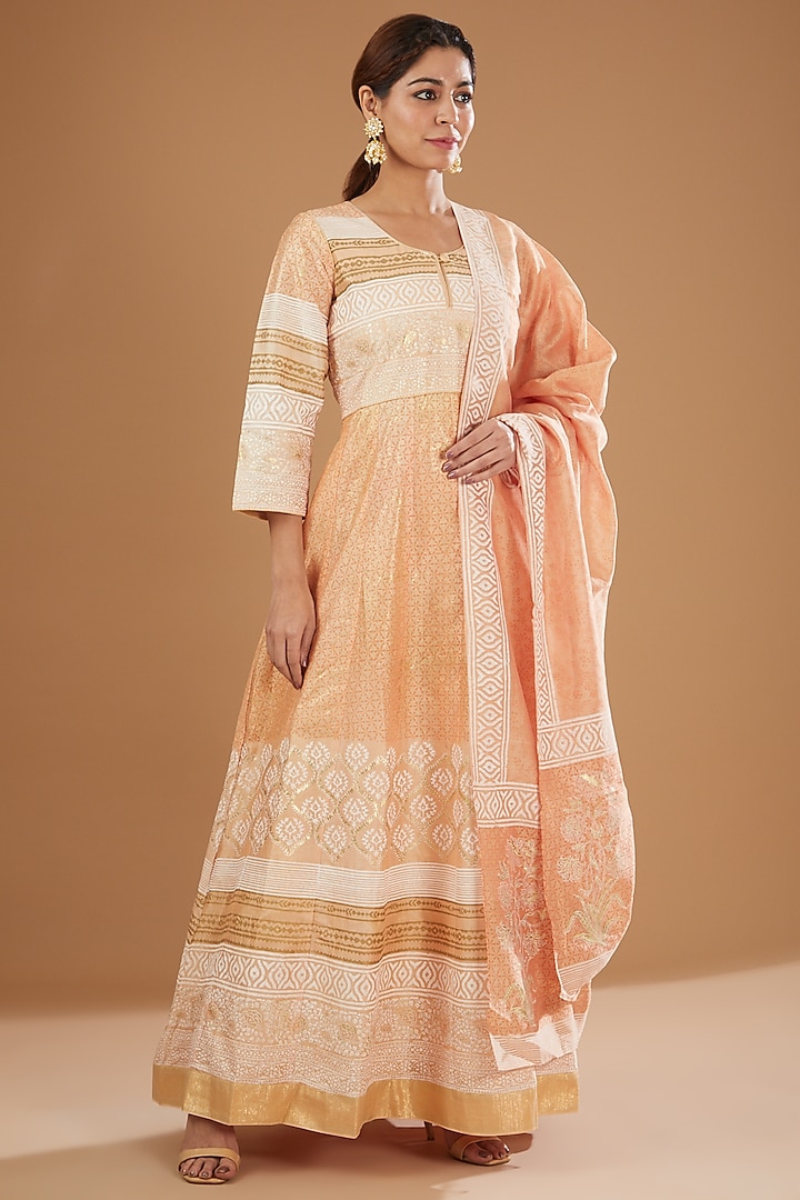 Peach Hand Block Printed Anarkali Set by GENDAPHOOL