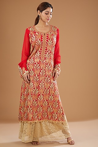 Cream Chantilly Lace Sharara Set by GENDAPHOOL