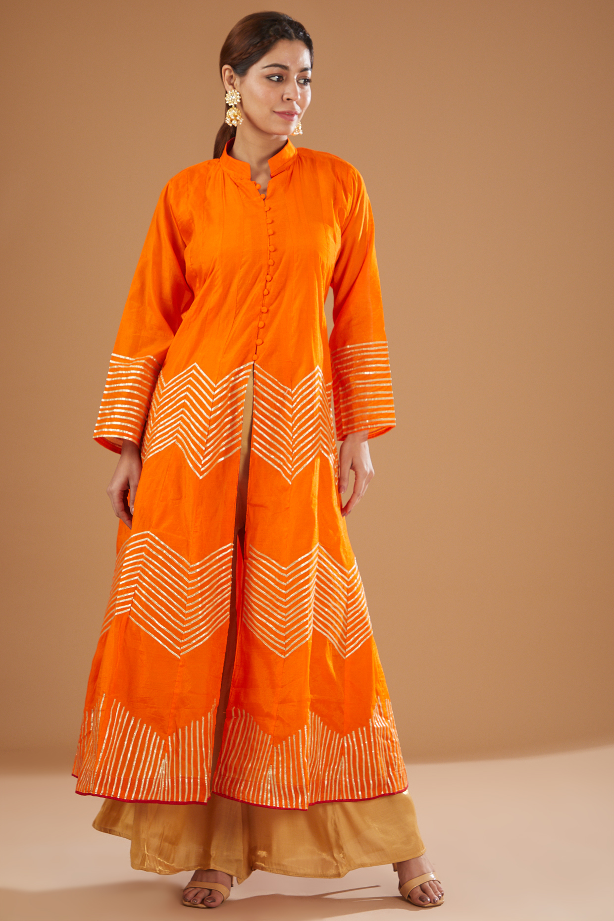 Orange Chanderi Anarkali by GENDAPHOOL