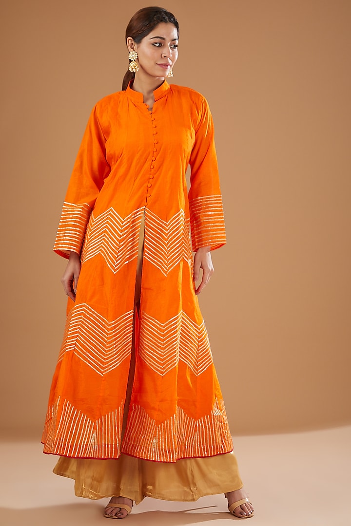 Orange Chanderi Anarkali by GENDAPHOOL