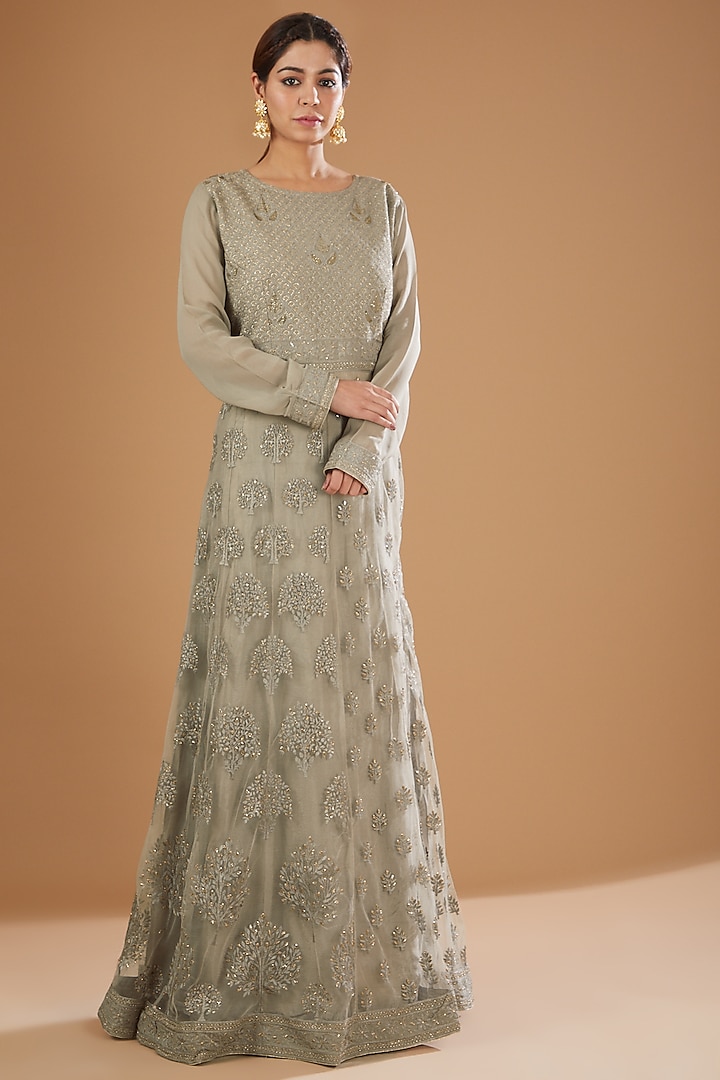 Grey Georgette Lucknowi Gown by GENDAPHOOL