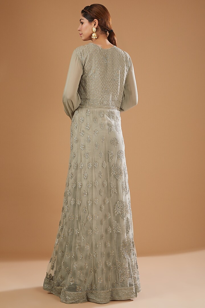 Grey Georgette Lucknowi Gown by GENDAPHOOL at Pernia's Pop Up Shop