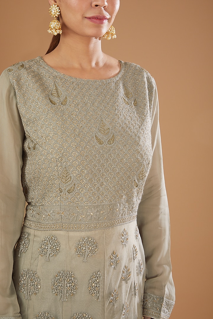 Grey Georgette Lucknowi Gown by GENDAPHOOL at Pernia's Pop Up Shop