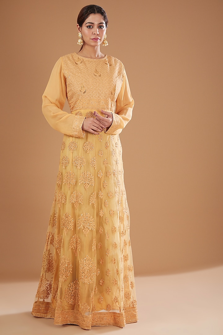 Yellow Georgette Lucknowi Gown by GENDAPHOOL