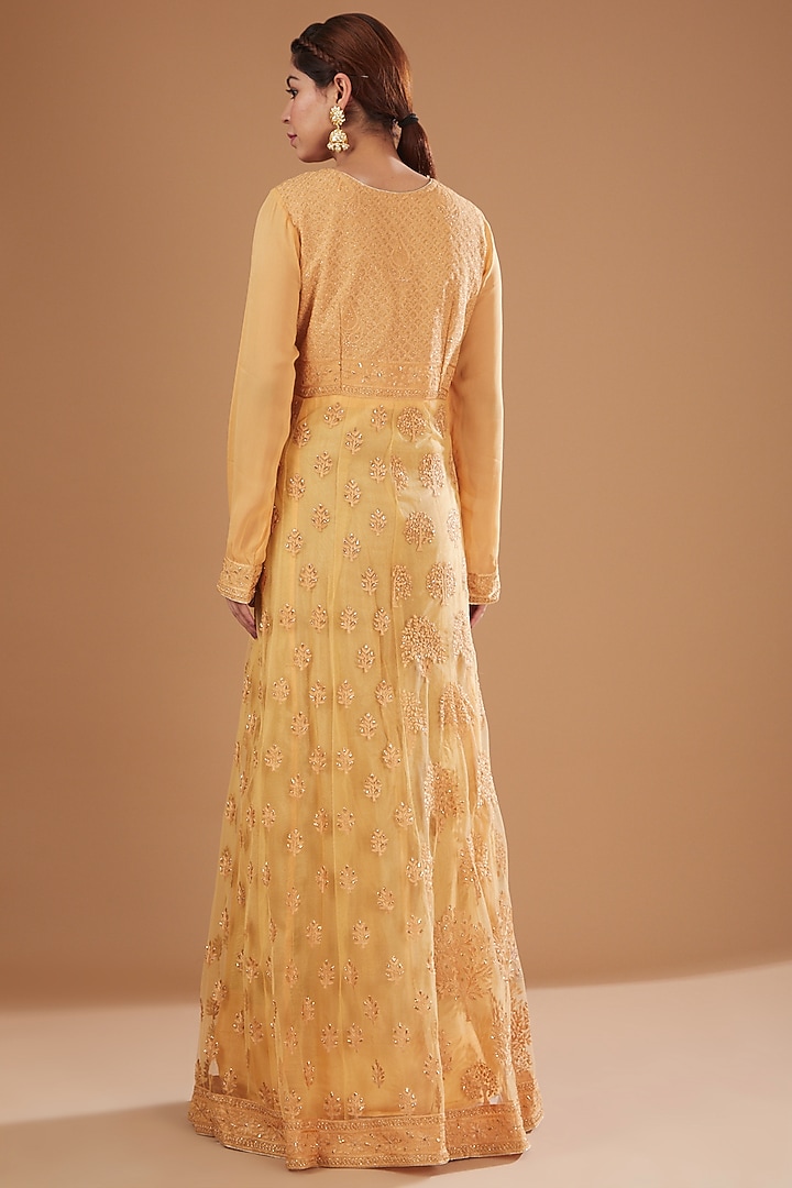 Yellow Georgette Lucknowi Gown by GENDAPHOOL at Pernia's Pop Up Shop