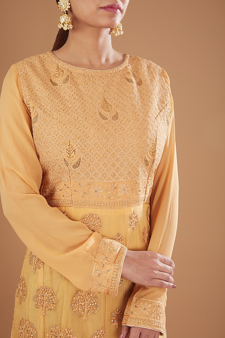 Yellow Georgette Lucknowi Gown by GENDAPHOOL at Pernia's Pop Up Shop