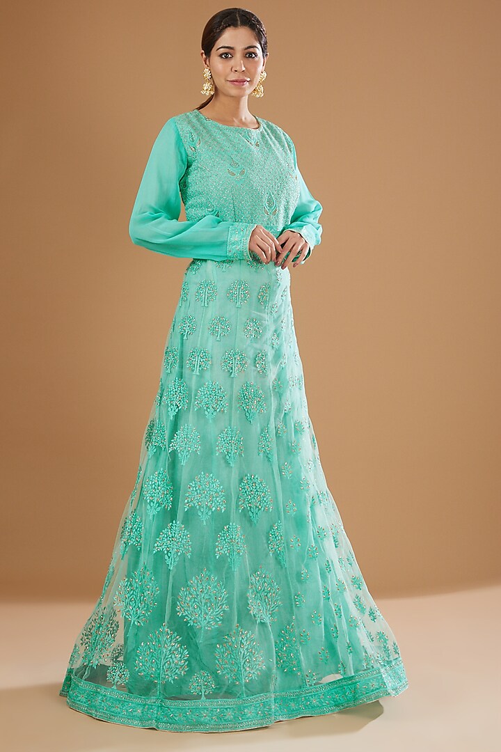 Mint Green Georgette Lucknowi Gown by GENDAPHOOL
