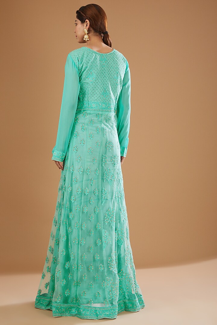 Mint Green Georgette Lucknowi Gown by GENDAPHOOL at Pernia's Pop Up Shop