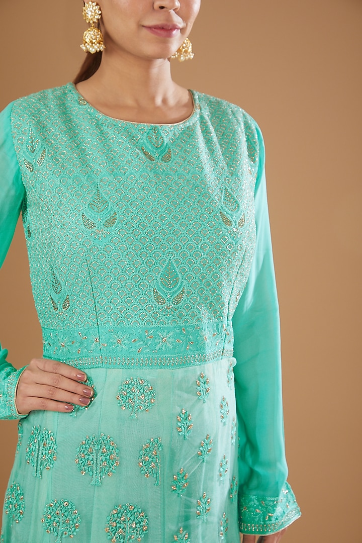 Mint Green Georgette Lucknowi Gown by GENDAPHOOL at Pernia's Pop Up Shop