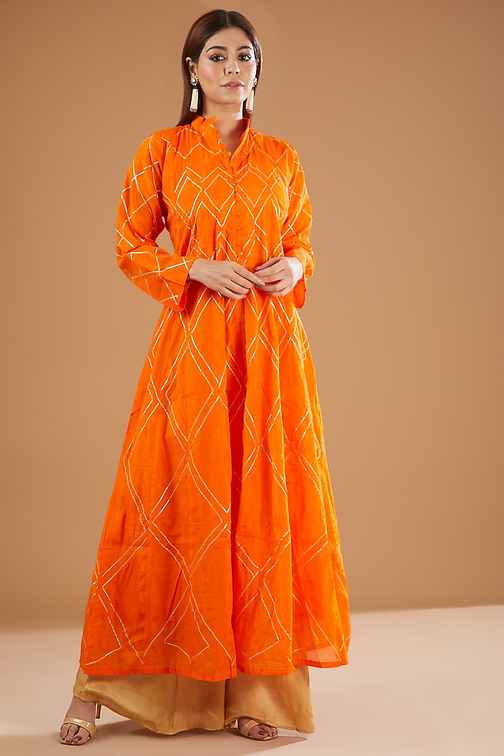 Orange Chanderi Anarkali Set by GENDAPHOOL