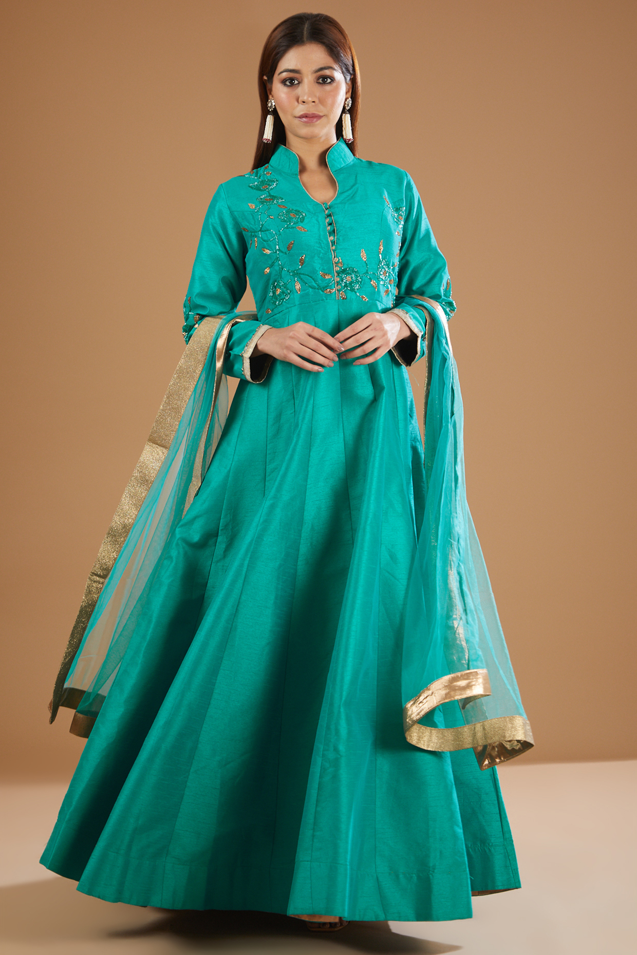 Turquoise Silk Anarkali Set by GENDAPHOOL