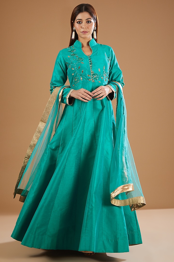 Turquoise Silk Anarkali Set by GENDAPHOOL