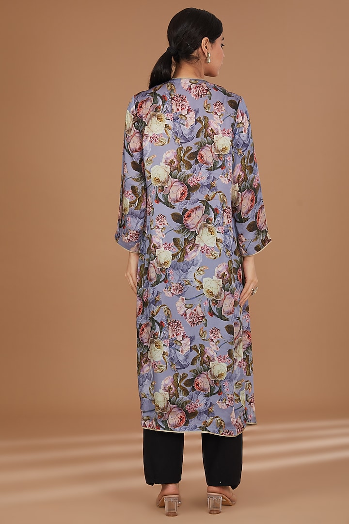 Lilac Satin Floral Digital Printed & Pearl Embellished Kurta by GENDAPHOOL at Pernia's Pop Up Shop
