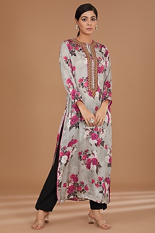Grey & Pink Satin Floral Digital Printed & Stone Embellished Kurta by GENDAPHOOL